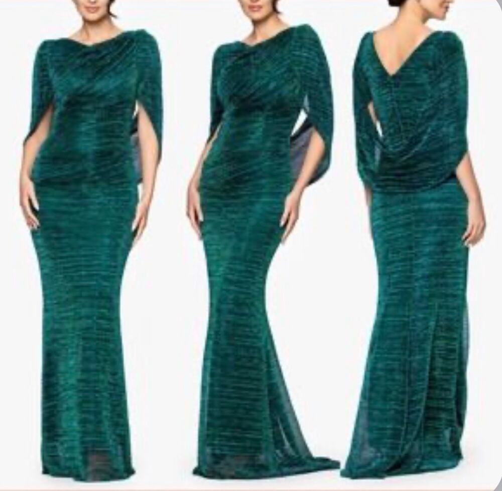 NEW Betsy & Adam Metallic Jade Green Drape Sleeve Sheath Gown Size 14